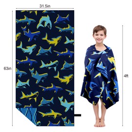 MelonBoat Large Microfiber Beach Towel: Bright Yellow Blue Shark Beach Towel for Travel, Super Absorbent Quick Dry Sand Free, Lightweight Compact for Kids Trip Vacation Bath Camping Pool Swim, 1 Pack