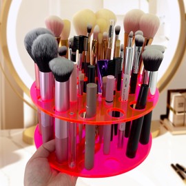 HappyDino Makeup Brush Holder Organizer for Vanity Acrylic Make Up Brush Drying Rack Storage for Travel Cosmetic Brushes Display Stand with 42 Slots, Neon Pink