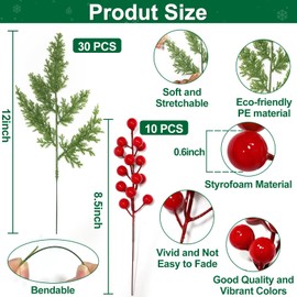 40 Pcs Christmas Artificial Pine Cypress Branches with Red Berry Stems 10.5" Faux Evergreen Norfolk Pine Leaves Stems Fake Foliage Pine Needles Picks for DIY Craft Garland Home Decor