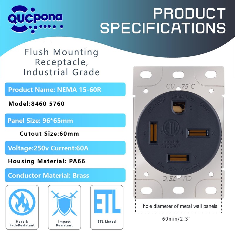 QUCpona 8460 5760 NEMA 15-60R 60 Amp 3 Phase 250V