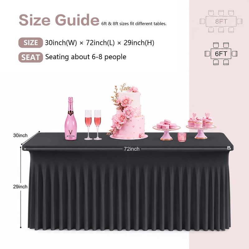 6FT Black Spandex Open Back Table Cover for Rectangle Tables,