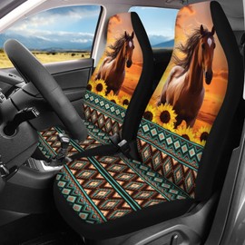 FUSURIRE Aztec Sunflower Horse Car Seat Covers Full Set for Women Heavy Duty Auromotive Decoration 4 Piece Universal Truck Sedan Vans, Native American Car Accessories Gifts