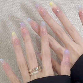 Hkanlre Almond Fake Nails Tips Colorful Press on Nails Full Cover False Gradient Nails Long for Women 24PCS