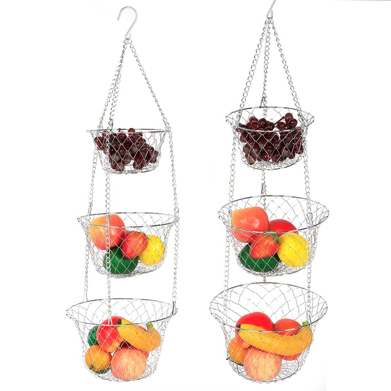 3‑Tier Flower Basket Iron Wire Hanging Vegetable Storage Fruit Organizer