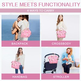 Small Diaper Bag Crossbody Backpack, 4 in 1 Mini Travel Mommy Tote w/Shoulder for Stroller, Small Toddler Daiper Tote with Insulated Pockets, Compact Baby Bag for Mom (Pink Animal)