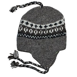 Wool Hand Knit Unisex Fleece Lined Ear Flap Beanie Cap Hat (Brown/Beige)