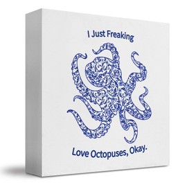 JUIOEIU Beach Room Decor, Blue and White Chinoiserie Floral Octopus Wooden Box Sign, Octopus Gifts, Ocean Coastal Beach Grand Millennial Wood Block Sign for Home Office Desk Shelf Tabletop, 5x5 Inch