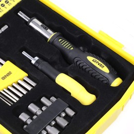 DNA Motoring TOOLS-00038 General Hand Tool Kit with Multi-Bit Screwdriver Hex Keys, Wrench - Yellow/Black Flat Head Tool Set