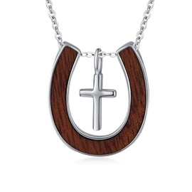 MEDWISE Lucky Horseshoe Necklace for Women S925 Sterling Silver Cross Faith Horseshoe Ebony Pendant Necklace Cross Jewelry for Horse Lover Mother Wife Young Ladies Birthday Christmas Mother's Day Gifts