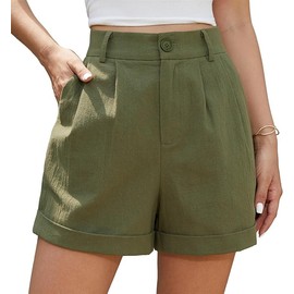 BEIGAI Women's Shorts Summer Linen High Waist Shorts with Pockets, Amry Green
