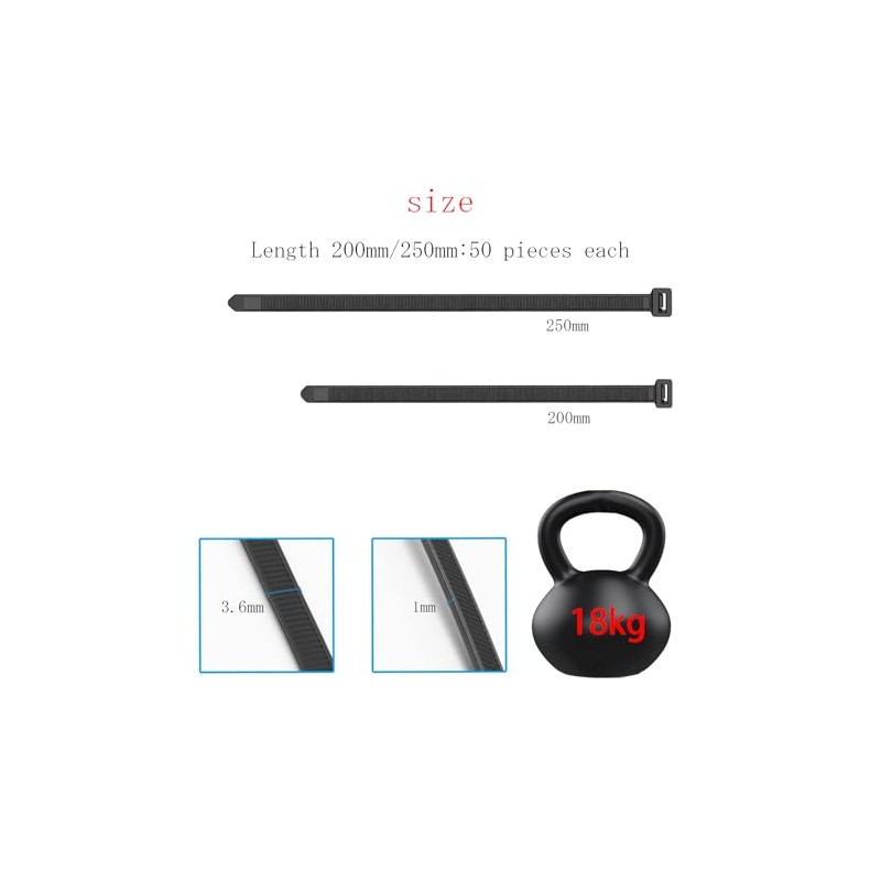 EzySup Assorted Cable Ties,Plastic Zip Ties,100/150/200/250mm,300 Pieces,Black