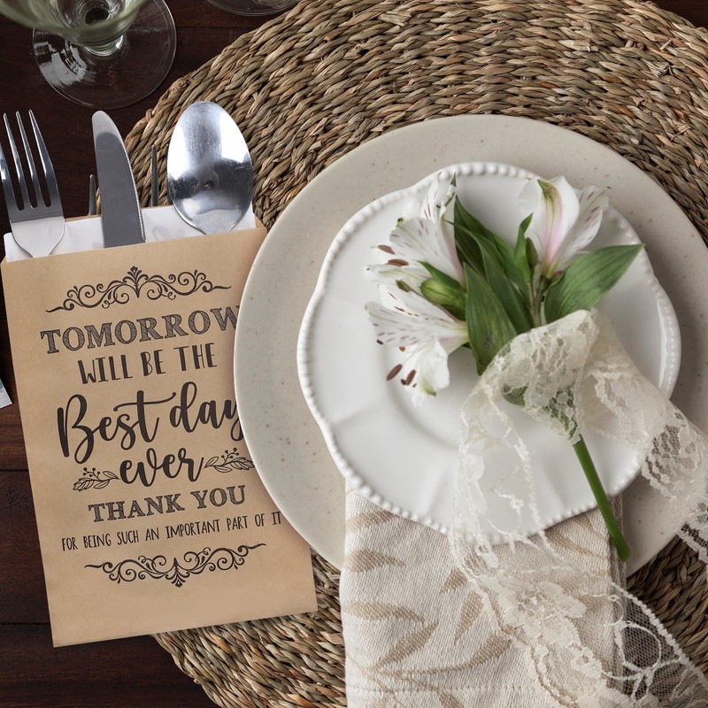 Whaline 100Pcs Wedding Silverware Bags 5 x 7 Inch Rustic