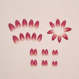 Rose Red Gradient Press on Nails Almond Short Fake Nails with Ombre Designs Acrylic False Nails Press ons Gossy Glue on Nails Full Cover Artificial Stick on Nails for Women 30 Pcs