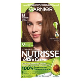 Garnier Nutrisse Ultra Crème, Permanent Hair Dye, 100% Grey Coverage, Vegan Formula, Nourished Hair, Long-Lasting Rich Colour, Protects Hair Against Dryness, 53 Medium Golden Brown, 1 Application
