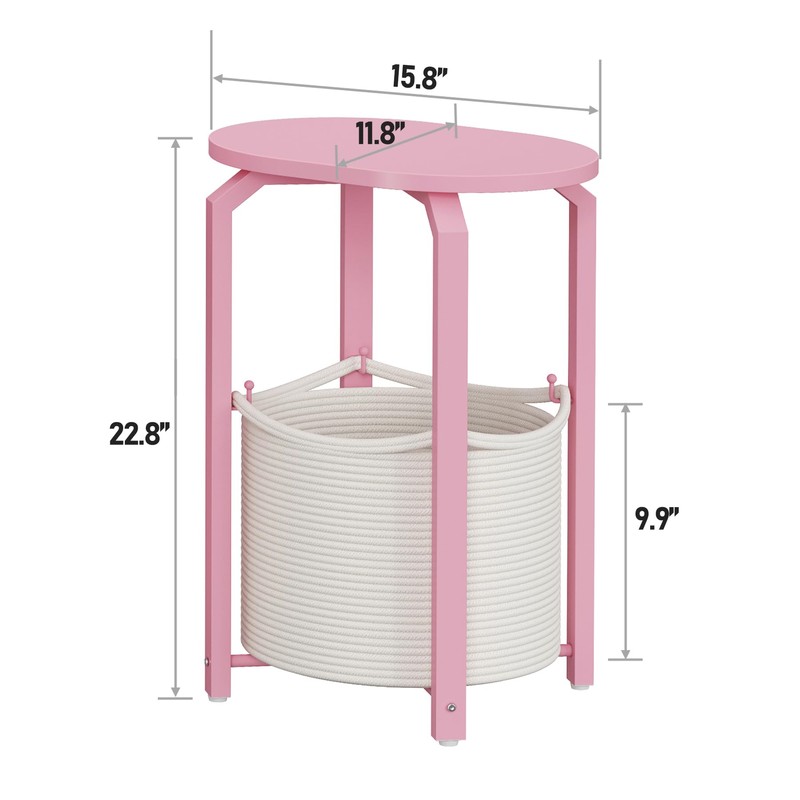 TUTOTAK Oval End Table with Woven Storage Basket, Pink Small