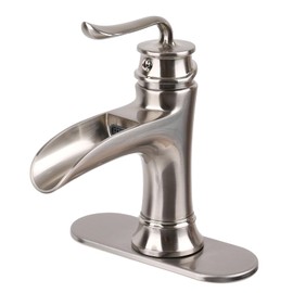 M OUDEMEI Solid Brass Waterfall Spout Bathroom Sink Faucet, 4 Inch Centerset Vanity Faucet, Single Handle Lavatory Faucet with Deck Plate for 1 OR 3 Hole Installation (Without Drain, Brushed Nickel)