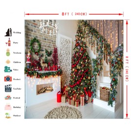 AIIKES 8x8FT Christmas Backdrops for Photography Fireplace Christmas Photography Background Indoors Xmas Tree Gift Holiday Party Decoration Christmas Photo Backdrops Studio Booth Props 11-752