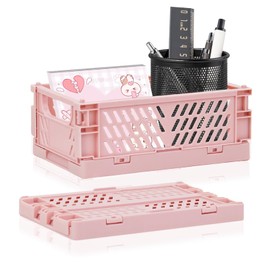 WERJOURU 2-Pack Mini Creats Foldable Plastic Baskets ,Collapsible Storage Box for Organizing and Storag,Home Kitchen Bedroom Bathroom Office Tool (Blue, 5.9x3.8x2.2'') (PINK)