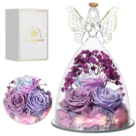 Tiaronics Glass Angel Figurine with Three Roses Gifts, Preserved Forever Real Rose Gifts for Women, Angel Guardian with Rose for Valentine Day Mothers Day,Multi Purple