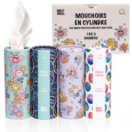 SmileyWorld Tissues - Cylinder Box - 100% Bamboo - Plastic-Free - 3-Ply - Sustainable Tissues - Compact Size for Car, School, Backpack, Home & Travel - Set of 4 Cylinders