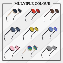 besbomig Classic Retro Steampunk Sunglasses Men Women Round Sunglasses Men's Steampunk Glasses Sunglasses Polarised Goggle UV400 Protection Rave Glasses Quick Glasses, Black frame / red lens