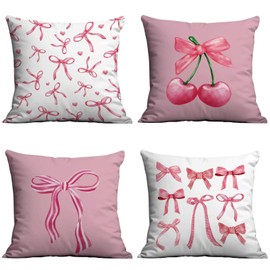 YIQXKOUY 4 Pieces Pink Bow Coquette Pillow Covers Bowknot Throw Pillow Cases Coquette Cushion Covers Bow Stuff Decorative for Girls Room Bedroom Home Office Decor for Soaf Cushion Couch Bed