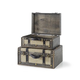 Soul & Lane Wood Decorative Suitcase Storage Boxes, Vintage Keepsake Memory Trunks - Set of 2, Antique Luggage Set, Wooden Nesting Treasure Chests