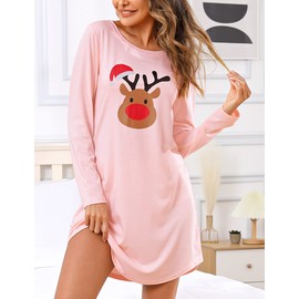 Clearlove Nightdress Women's Round Neck Long Sleeve Sleepshirt Printed Sleepwear Night Dress Knee-Length Sleep Dress Sleepwear, pink