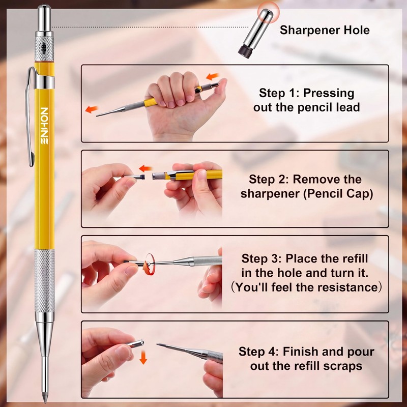 Enhon 2mm Mechanical Carpenter Pencil Set with 12 Marker Refills
