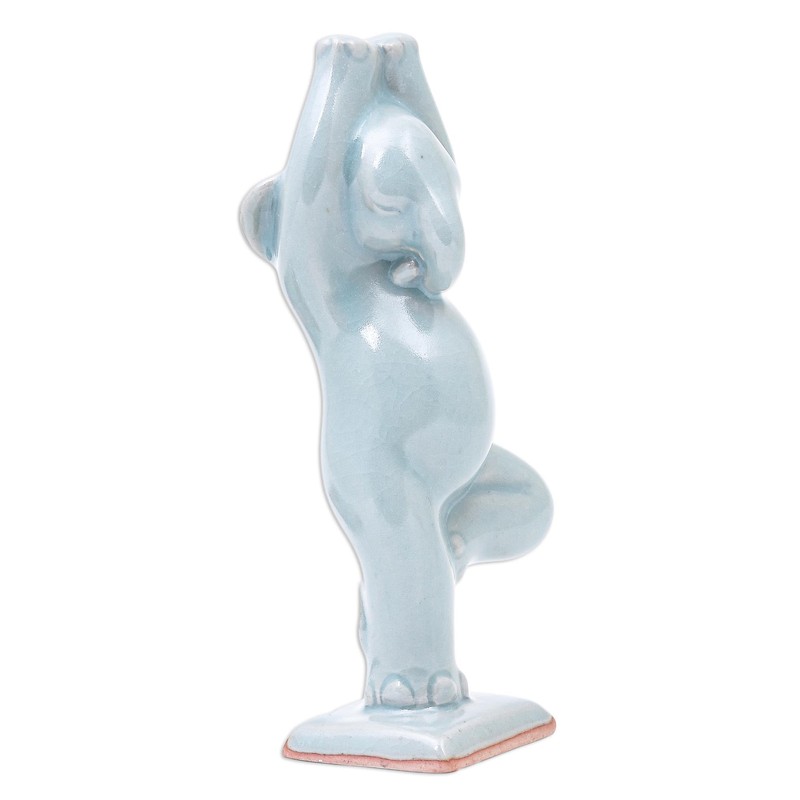 NOVICA Elephant Tree Pose Celadon Ceramic Figurine