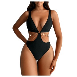 WDIRARA Women's One Piece Chain Cut Out Swimsuit Ring Linked Tummy Control Monokini Swimwear Black X-Large