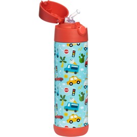 Snug Kids Water Bottle - insulated stainless steel thermos with straw (Girls/Boys) - Cars, 17oz