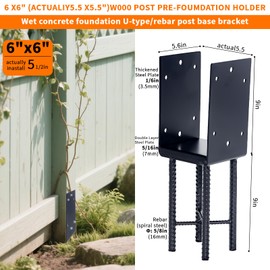 6 * 6" Heavy-Duty, U-Shaped, Moisture-Proof Concrete Wooden Post Brackets, Used for The Concrete anchoring Brackets of Wooden Posts in Deck railings, Garden Fences, pergolas, terraces, etc. (2, 6x6)