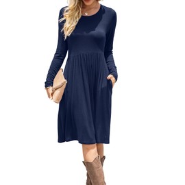 DB MOON Women Casual Long Sleeve Dresses Empire Waist Loose Dress with Pockets (Navy Blue, L)