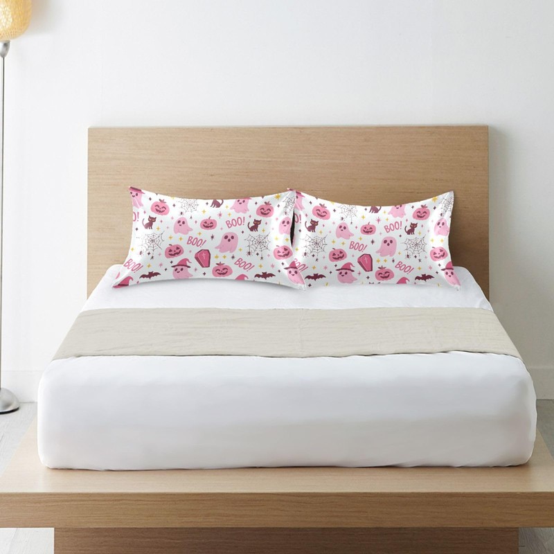 Halloween Pink Ghost Pumpkin Pillow Covers Silk Pillowcase for Hair