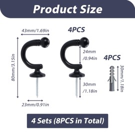 4 Pcs Curtain Tie Backs Hooks, Black Curtain Tie Backs Hooks, Ball End Curtain Holdbacks Hooks, Durable Hook with Ball End for Curtains Clothes Coat Hanger Hook, Easy Installation for Home Decor