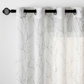 MIULEE Print Grey White Sheer Curtain 2 Panels for Bedroom 63" Grey Tree Branch Printing on Linen Textured Window Treatment Set for Living Room Draperies 52" W