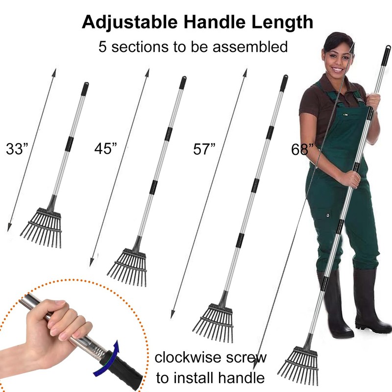 Small Leaf Rake with 11 Metal Tines, 33-68 Inch Rake