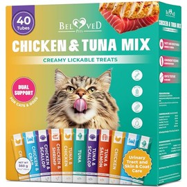 Creamy Lickable Cat Treats & Wet Food Squeeze Tubes – Liquid Kitten Snacks, Urinary Tract Care, Skin & Coat Health, Multivitamin Treats for Cats, & Small Dogs, Lick Up 40 Sticks Tuna + Chicken Mix
