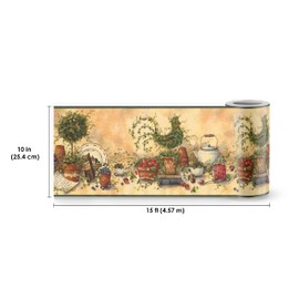 Concord Wallcoverings Wallpaper Border Garden Pattern Ivy Topiary Strawberry Cherry Kettle Books for Dining Area Cottage Farmhouse, Beige Green Red Brown, 15 Feet by 9.8 Inches 29158