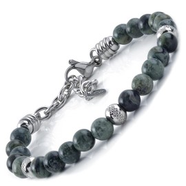 10:10 Stainless Steel Bracelet and 6 mm Natural Green Jasper Stones Bracelet for Men and Women Adjustable Bracelet Made in Italy, Stainless steel, stone