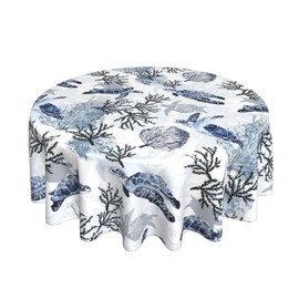 BYONEESS Summer Coastal Tablecloth Round 60 Inch Nautical Sea Turtle Table Cloth Nautical Coastal Blue Tortoise Coral Table Cover for Party Kitchen Dining Picnic Holiday Outdoor Decor
