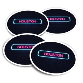 Vinyl Round Stickers (Set of 4) 10cm - Neon Sign Design Houston City Texas United States for Laptops, Tablets, Luggage, Scrap Booking, Fridges #350330