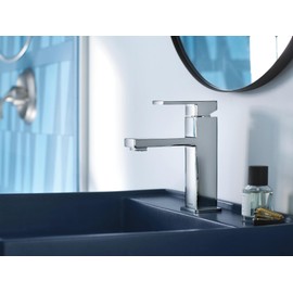 Moen Revyl Chrome One-Handle Single Hole Modern Bathroom Sink Faucet with Optional Deckplate and Spring Loaded Drain Assembly, 84771