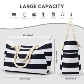 Kalidi Large Beach Bag with Zip Women's Swimming Bag XXL Family Waterproof Beach Bag Bag Women's Shopper for Beach Travel Shopping Sports, black