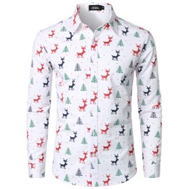 JOGAL Men's Christmas Santa Claus Party Long Sleeve Button Down Shirts Large White