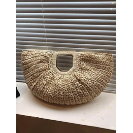 Women's Summer 2025 Casual Plain Straw Tote Bag, Fall New Large Capacity Handbag for Travel & Daily Use, Casual Trendy Versatile High-quality Bag for Vacation Beach, Sample Bag:_Beige_one-size