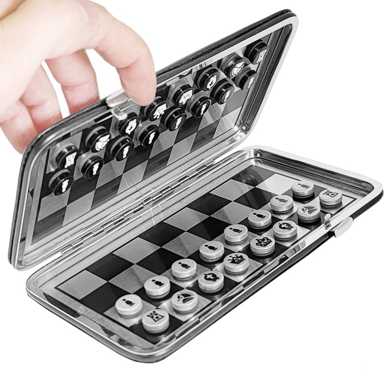 Pocket Chess Set with Black PU Leather Case, Portable Foldable