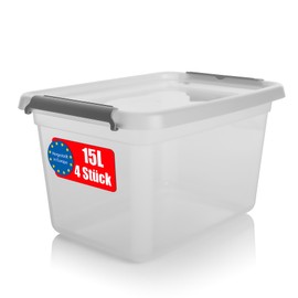 BigDean Pack of 4 15 L Storage Boxes with Lid, Transparent, BPA-Free & Food Safe, Stackable Robust Storage Box, Storage Boxes with Click Lock