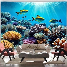 FENDROM Blue Sea Ocean Tropical Fish and Coral Reef in Cave under Deep Sea Wall Hanging Marine Life Creature Tapestry Wall Hanging for Kids Children Bedroom Living Room Dorm Wall Art Home Decor